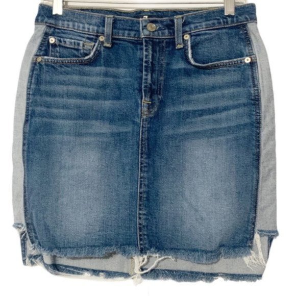 7 For All Mankind Two Tone Raw Hem Jean Skirt - Picture 8 of 8